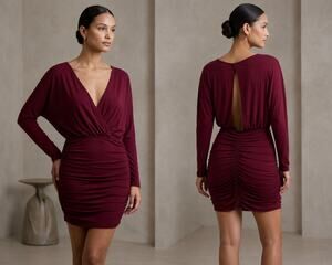 Fraiche by J Plum Burgundy Open Back Ruched Batwing Mini Dress XS Nordstrom